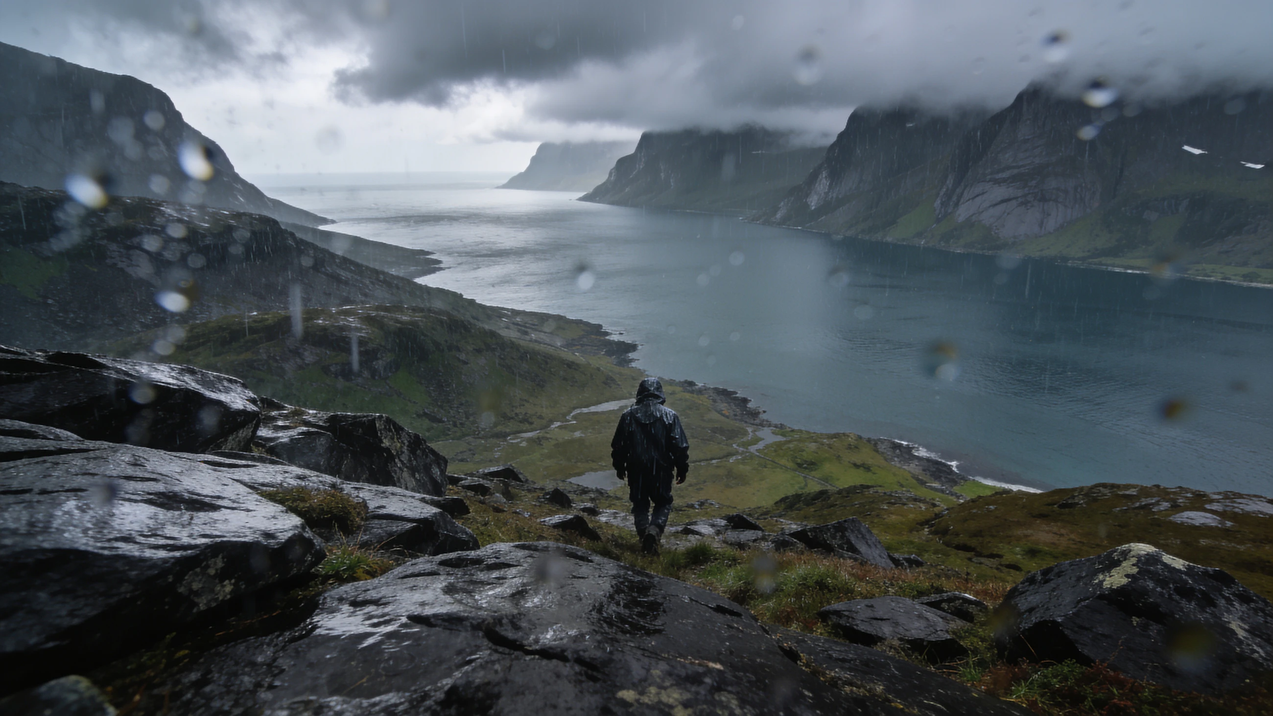 Synthetic editorial study of a wet Western Norway fjord passage from human passenger height.